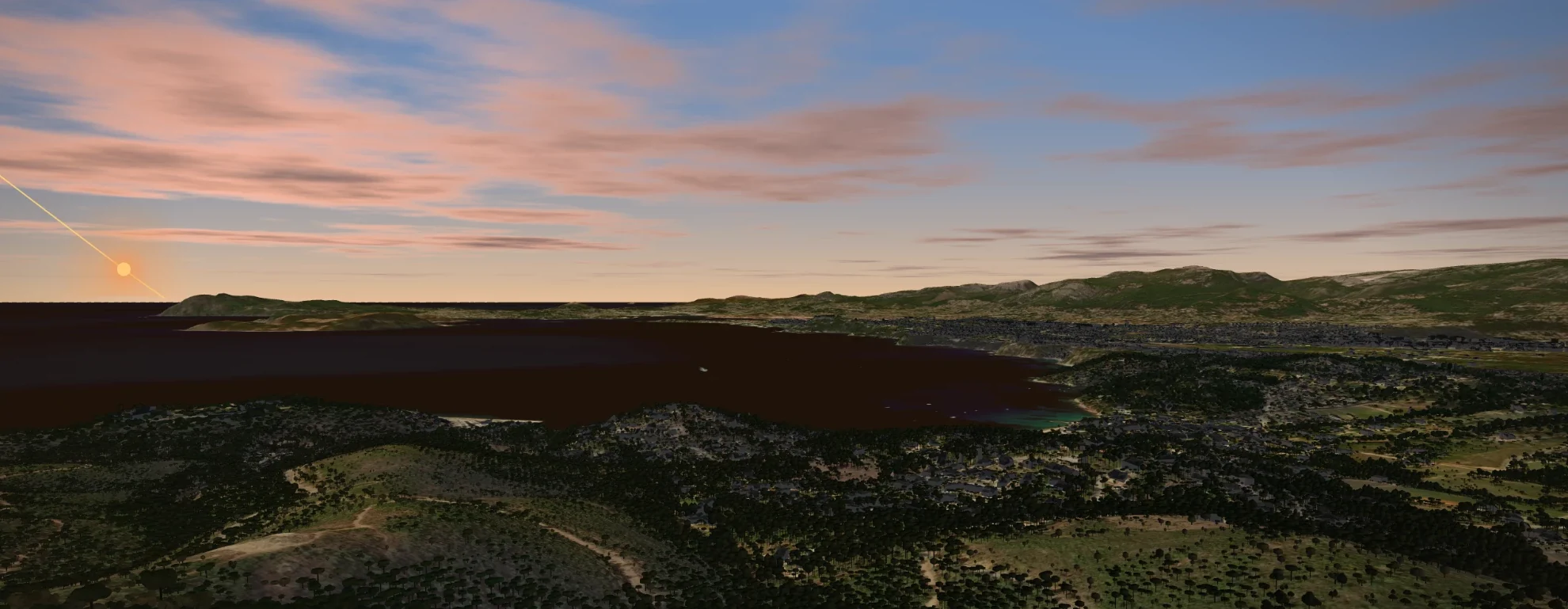 Sunset over the bay from the hills above Le Pradet, in the 3D view